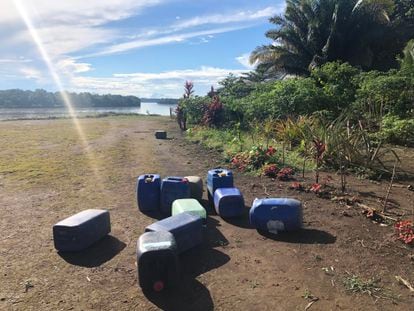 Discarded fuel containers at the Sharamentsa landing strip.