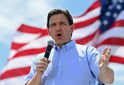 Republican presidential candidate Florida Gov. Ron DeSantis speaks at an annual Basque Fry at the Corley Ranch in Gardnerville, Nevada, on June 17, 2023.