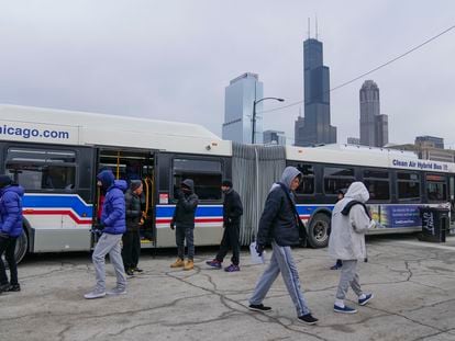 Chicago Transit Authority 'warming' buses for migrants are parked in the 800 block of South Desplaines Street Thursday, Jan. 11, 2024, in Chicago.