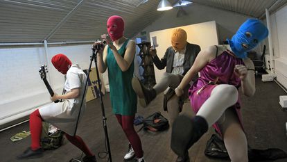 Members of Pussy Riot rehearse for a performance in protest of Putin-ordered police reprisals in Moscow, in February 2012.