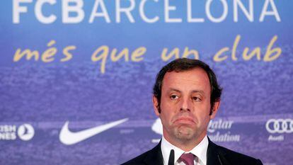 Barcelona's president Sandro Rosell at a news conference near the Camp Nou stadium in Barcelona in 2013