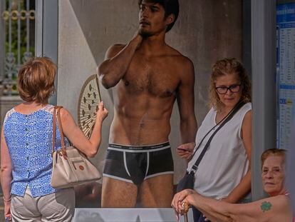 An advertisement for men's underwear at a bus stop in Madrid, on August 9.