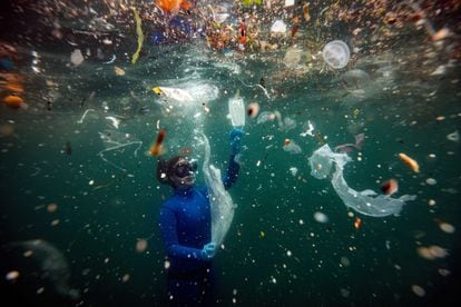 Sahika Encumen, freediving world record holder, dives among plastic waste off the coast of Istanbul, Turkey, on June 27, 2020.