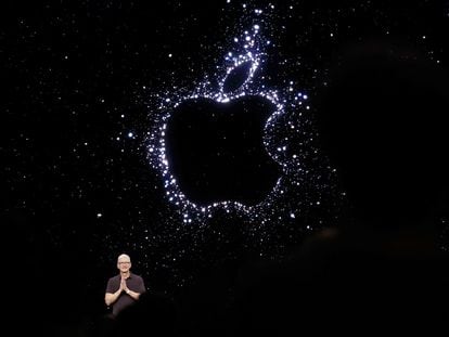Apple CEO Tim Cook delivers a keynote address during a product launch event on September 7 in Cupertino, California.