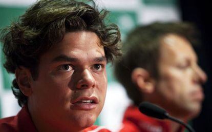 Team Canada&#039;s Milos Raonic and Daniel Nestor (R) attend a news conference before the Davis Cup match with Spain in Vancouver, 