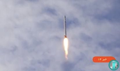 A handout TV grab taken from a video aired by Iranian state television shows Noor-3 satellite being launched in Iran, on Sept. 27, 2023.