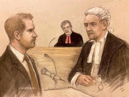Court artist sketch by Elizabeth Cook Britain's Prince Harry being cross-examined by Andrew Green KC, as he gives evidence at the Rolls Buildings in central London, June 6, 2023.