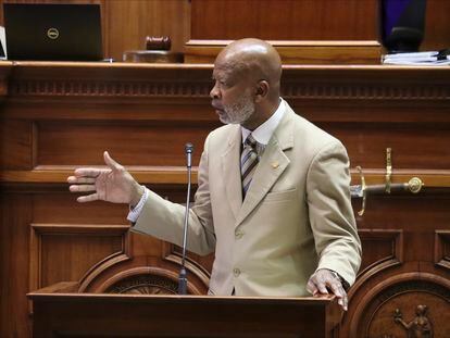 Democratic South Carolina Sen. Ronnie Sabb speaks against a bill restricting how teachers discuss race in K-12 classrooms on Wednesday, May 11, 2023 in Columbia, S.C.