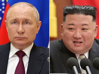 Russian President Vladimir Putin listens during a meeting in Moscow, Aug. 23, 2023, and North Korean leader Kim Jong Un speaks during a meeting of the ruling Workers' Party at its headquarters in Pyongyang, North Korea, in early 2023.
