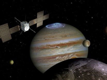 Artist’s rendering of the ‘Juice’ probe near Jupiter and its icy moons.