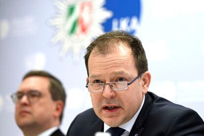 Dirk Kunze, head of Department 42 at the North Rhine-Westphalia State Criminal Police Office, answers questions during a press conference in Duesseldorf, Germany, on March 6, 2023.