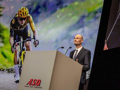 Amaury Sport Organisation President Jean-Etienne Amaury speaks during the presentation of the Tour de France 2024 in Paris, France, October 25, 2023.