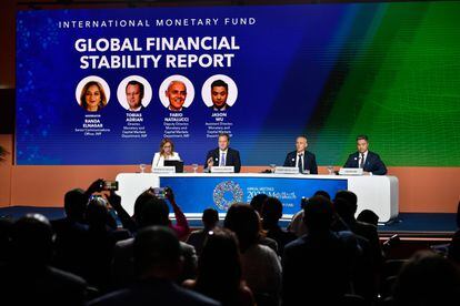 A press conference on the second day of the annual meetings of the IMF and the World Bank Group in Marrakesh, Morocco, 10 October 2023.