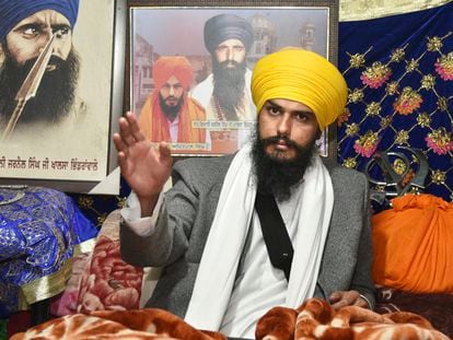 Sikh separatist leader and head of Waris Punjab De, or Punjab's Heirs, Amritpal Singh, talks to his supporters in the village Jallupur Khera, near Amritsar, India, Saturday, Jan.7, 2023.