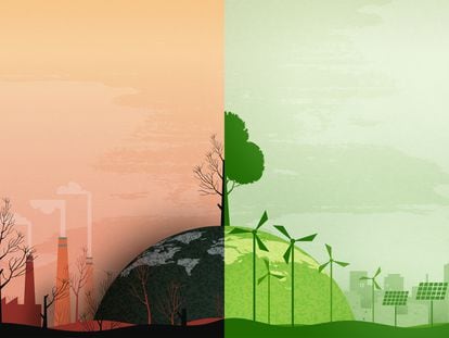 Global warming and climate change concept. Half world of polluted and green environment background. Paper art of ecology and environment concept. Vector illustration.