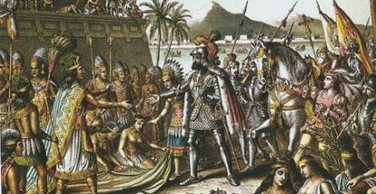 A drawing of Hernán Cortes entering Tenochtitlán.