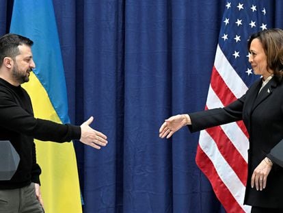 Ukrainian President Volodymyr Zelenskiy and U.S. Vice President Kamala Harris during the Munich Security Conference on February 17, 2024.