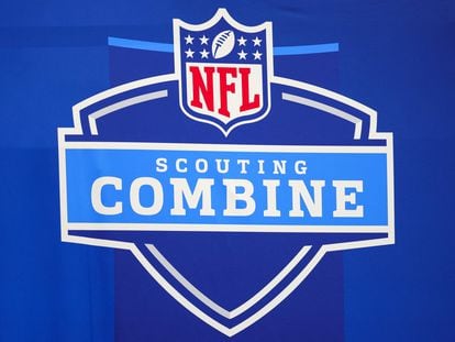 A detailed view of the NFL Combine logo at Lucas Oil Stadium on March 02, 2023, in Indianapolis, Indiana.