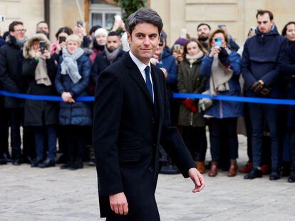 France's new Prime Minister Gabriel Attal arrives at the Matignon Hotel in Paris for the handover ceremony with outgoing Prime Minister Élisabeth Borne on Tuesday.