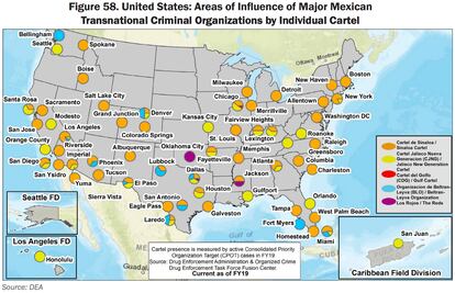 This map, produced by the US Department of Justice, presents the areas of influence of the main Mexican organized crime groups in US territory. The Sinaloa Cartel (orange) is the one that controls the most locations.