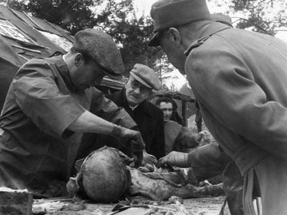 Dissection of a corpse exhumed in 1943 from the Katyn mass graves in Russia.
