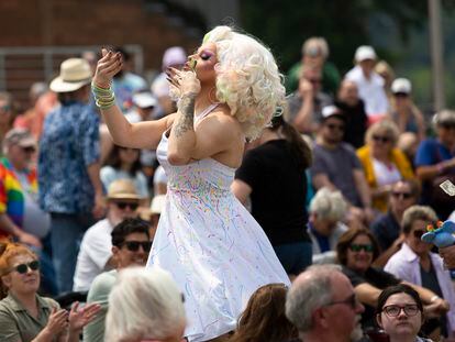 A drag performer is seen preforming during a drag show at the Lynne Sherwood Waterfront Stadium in Grand Haven, Michigan, on June 10, 2023.