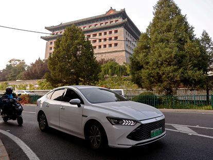 A BYD's electric vehicle (EV) Qin moves on a street in Beijing, China October 31, 2023.