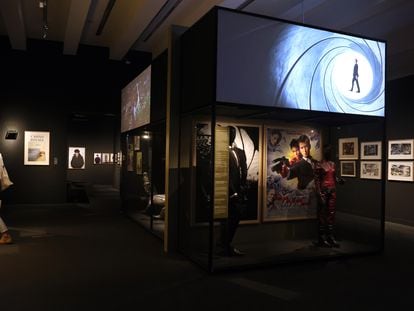 One of the exhibition rooms, with drawings, posters and costumes from the 'James Bond' films.