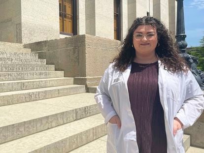 Alexandra Fountaine, a medical student at Ohio University, poses for a picture in front of the Ohio Statehouse in Columbus, Ohio, Thursday, May 11, 2023.