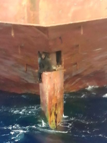 A stowaway on top of a cargo ship’s rudder.