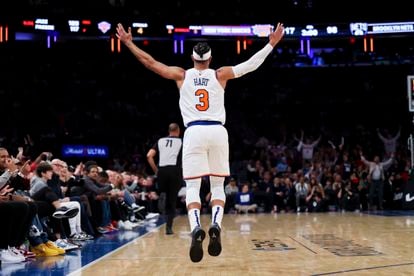 New York Knicks guard Josh Hart (3) reacts after scoring a 3-point basket against the Brooklyn Nets during the second half of an NBA basketball game, Monday, Feb. 13, 2023, in New York.