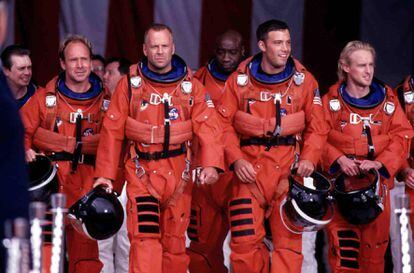 From left to right: Steve Buscemi, Will Patton, Bruce Willis, Michael Clarke Duncan, Ben Affleck and Owen Wilson – the highly-trusted men who represent humanity's last hope in the 1998 film Armageddon.