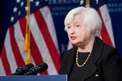 U.S. Treasury Secretary Janet Yellen speaks during a forum hosted by the Johns Hopkins University at the Nitze Building in Washington, on April 20, 2023.