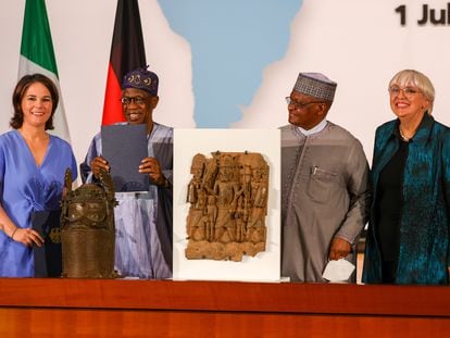 The signing of the agreement between Germany and Nigeria for the return of the Benin Bronzes, in Berlin, on July 1, 2022