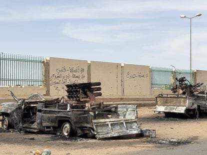 The remnants of Rapid Support Forces paramilitary militia vehicles after a clash with Sudan's regular army in Khartoum on April 18.