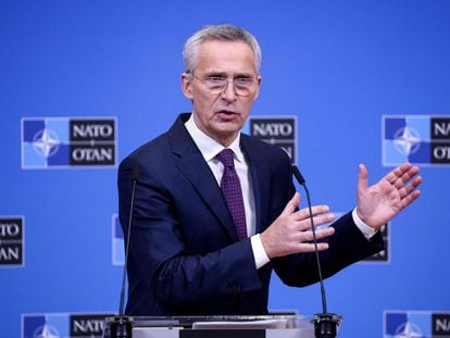 NATO Secretary General Jens Stoltenberg holds a press conference at the end of a two-day meeting of the alliance's Defence Ministers at the NATO headquarters in Brussels on February 15, 2023.