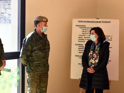 Spanish Defense Minister Margarita Robles at the military base of El Goloso.