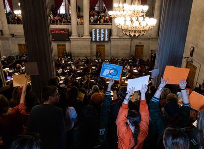 Protesters gather inside the Tennessee State Capitol to call for an end to gun violence and support stronger gun laws on March 30, 2023 in Nashville, Tennessee
