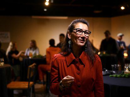 U.S. House candidate Mary Peltola speaks with reporters at her campaign party at 49th State Brewing in Anchorage, Alaska, U.S. August 16, 2022.