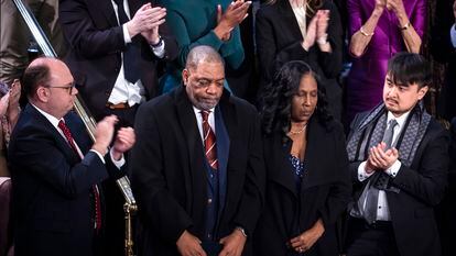 Row Vaughn (C-R) and Rodney Wells (C-L), mother and stepfather of Tyre Nichols, react as US President Joe Biden delivers his State of the Union address.