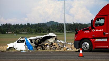 A damaged vehicle sits on the side of the road on Interstate 5, Northbound on Thursday, May 18, 2023, in Marion County, Ore.