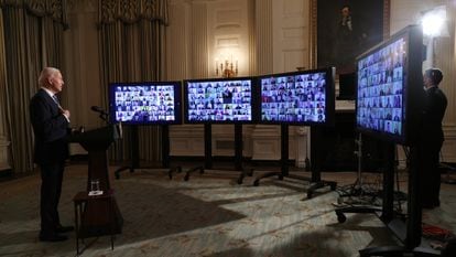US President Joe Biden swears in appointees in a virtual ceremony at the White House after his inauguration.