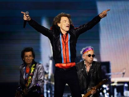 Ron Wood, Mick Jagger and Keith Richards of The Rolling Stones performs on stage during a concert as part of their 'Stones Sixty European Tour' on July 31, 2022 at Friends Arena in Solna, Sweden