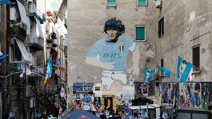 A Maradona mural in Naples' neighborhood of Quartieri Spagnoli.