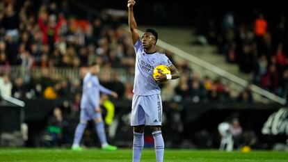 Real Madrid's Vinicius Junior celebrates after scoring his side's first goal during the La Liga soccer match between Valencia and Real Madrid at the Mestalla Stadium in Valencia, Spain, Saturday, March 2, 2024.