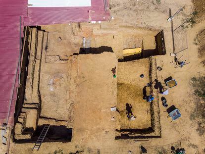 Aerial view of the Turuñuelo archaeological site, in the Spanish province of Badajoz near the border with Portugal. This is where the remains of dozens of sacrificed animals were found