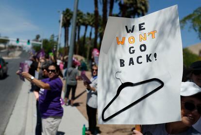 People rally in support of abortion rights Tuesday, May 21, 2019, in Las Vegas.