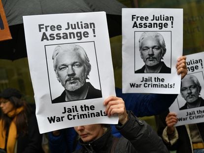 Demonstrators showing support for Julian Assange in London on October 21, 2019.