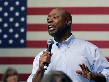 Sen. Tim Scott speaks during a town hall, May 8, 2023, in Manchester, New Hampshire.