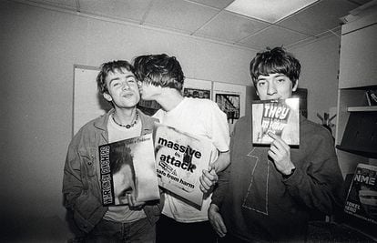 Blur, during a visit to the offices of 'New Musical Express' magazine, in 1991.